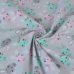 Baumwolle 100% Kaninchen rosa-minze auf grauem Hintergrund  