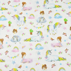 Baumwolle 100% bunte Einhörner mit Prinzessinnen auf weißem Hintergrund  