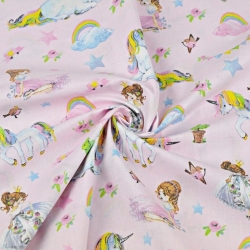 Baumwolle 100% bunte Einhörner mit Prinzessinnen auf rosa Hintergrund  