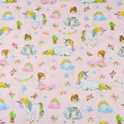 Baumwolle 100% bunte Einhörner mit Prinzessinnen auf rosa Hintergrund  