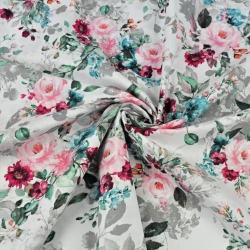 Baumwolle 100% Blumensträuße rosa-türkis-grau  