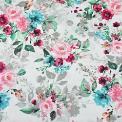 Baumwolle 100% Blumensträuße rosa-türkis-grau  