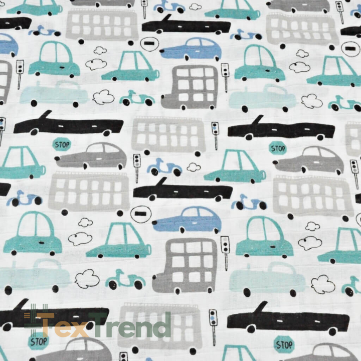 Baumwoll-Musselin grau-türkisfarbene Autos auf weißem Hintergrund  