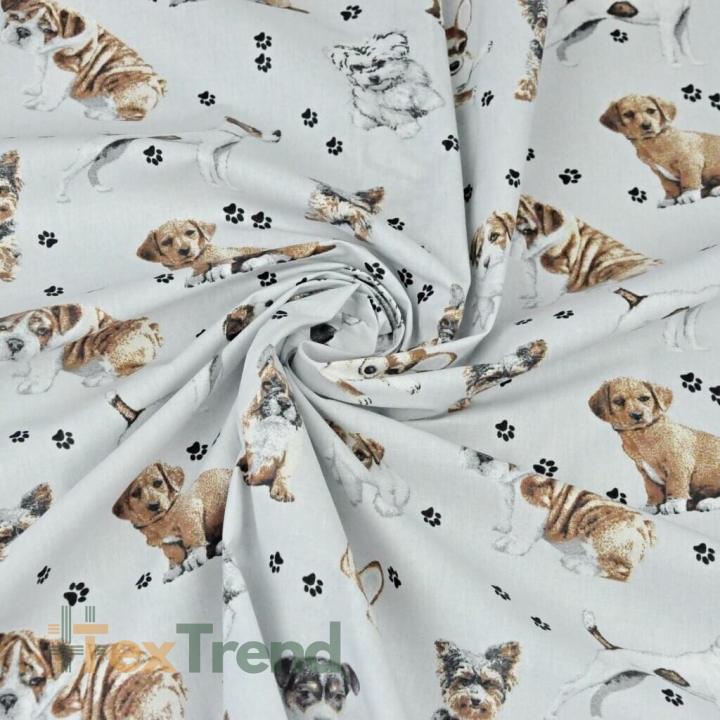 Baumwolle 100% Hunde beige-weiß auf hellgrauem Hintergrund  