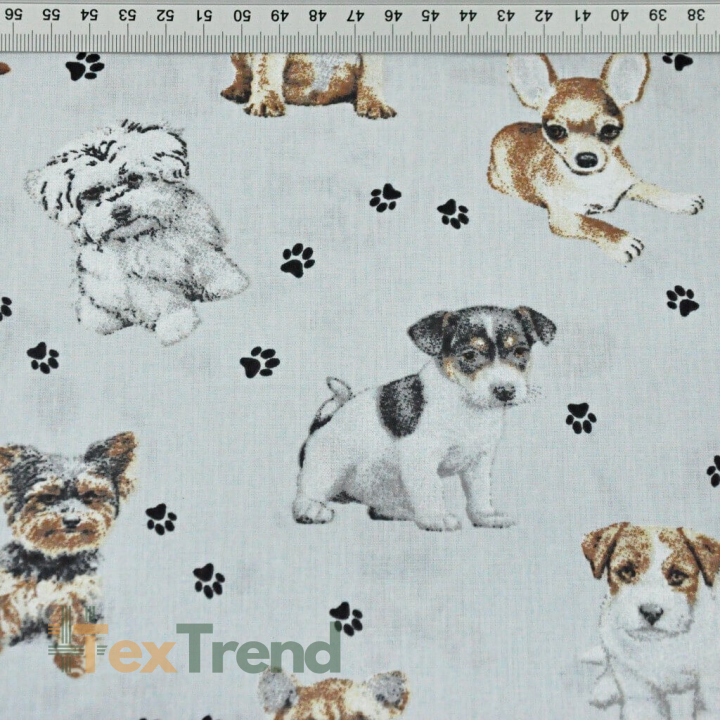 Baumwolle 100% Hunde beige-weiß auf hellgrauem Hintergrund  