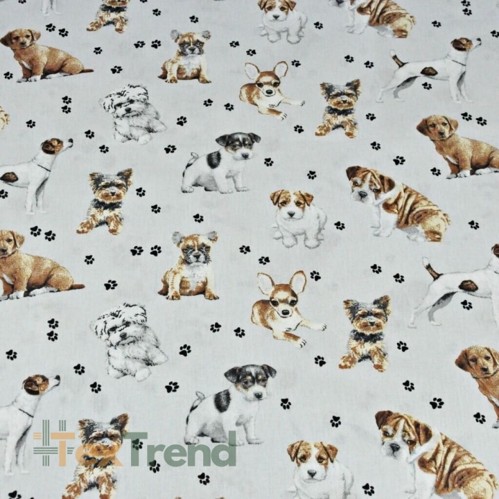 Baumwolle 100% Hunde beige-weiß auf hellgrauem Hintergrund  