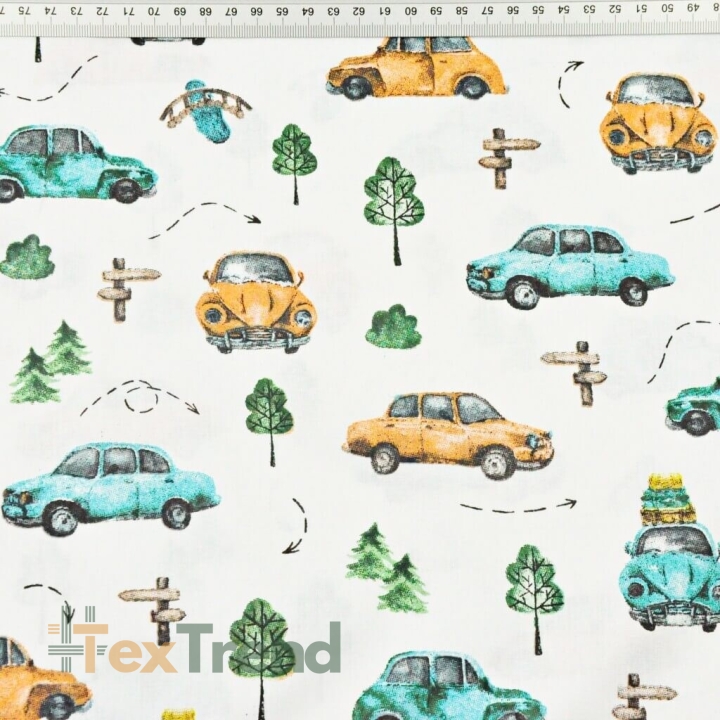 Baumwolle 100% türkis-orange Käfer auf weißem Hintergrund  