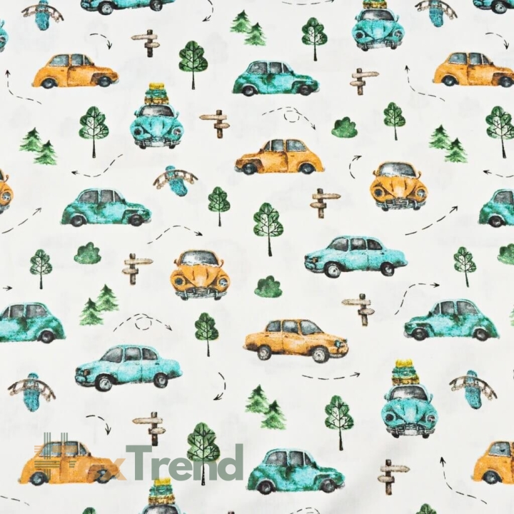 Baumwolle 100% türkis-orange Käfer auf weißem Hintergrund  