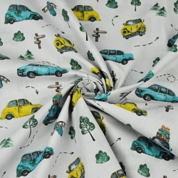 Baumwolle 100% türkis-gelbe Käfer auf grauem Hintergrund  