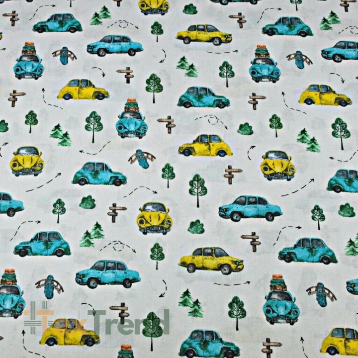 Baumwolle 100% türkis-gelbe Käfer auf grauem Hintergrund  