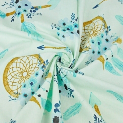 Baumwolle 100% Traumfänger mit Pfeilen blau-minze auf pistazienfarbenem Hintergrund  