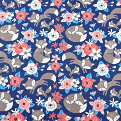 Baumwolle 100% Füchse beige mit rosa Blumen auf dunkelblauem Hintergrund  