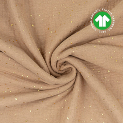Baumwollmuslin double gauze kakaofarben (Tiger's Eye) mit goldenen Punkten  