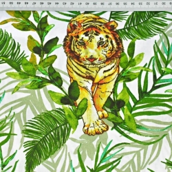 Baumwolle 100% Tiger mit Palmblättern auf weißem Hintergrund  