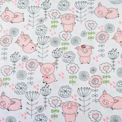 Baumwolle 100% Schweinchen mit Blümchen auf weißem Hintergrund  