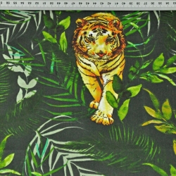 Baumwolle 100% Tiger mit Palmblättern auf dunkelgrünem Hintergrund  