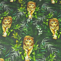 Baumwolle 100% Tiger mit Palmblättern auf dunkelgrünem Hintergrund  