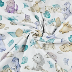 Baumwolle 100% beige-lila Dinosaurier auf weißem Hintergrund  