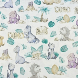 Baumwolle 100% beige-lila Dinosaurier auf weißem Hintergrund  