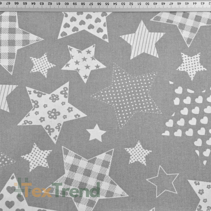 Baumwolle 100% gemusterte Sterne auf grauem Hintergrund  