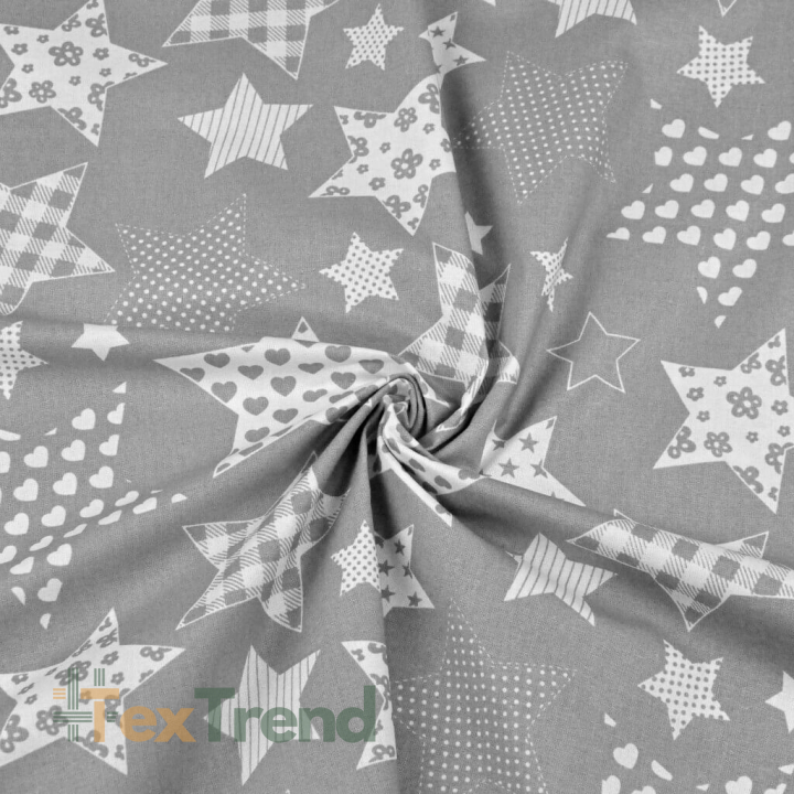 Baumwolle 100% gemusterte Sterne auf grauem Hintergrund  