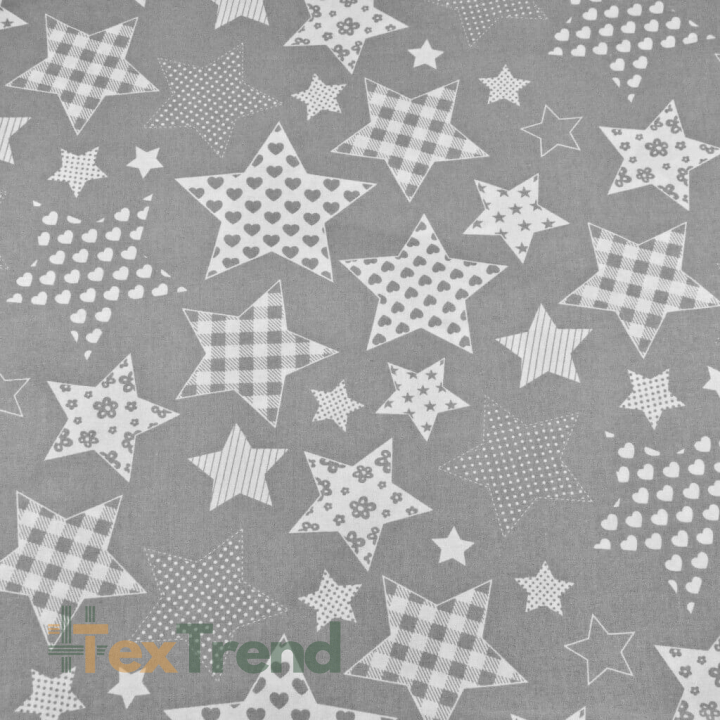 Baumwolle 100% gemusterte Sterne auf grauem Hintergrund  