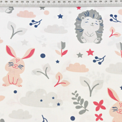 Baumwolle 100% Igel grau mit rosa Hasen auf weißem Hintergrund  