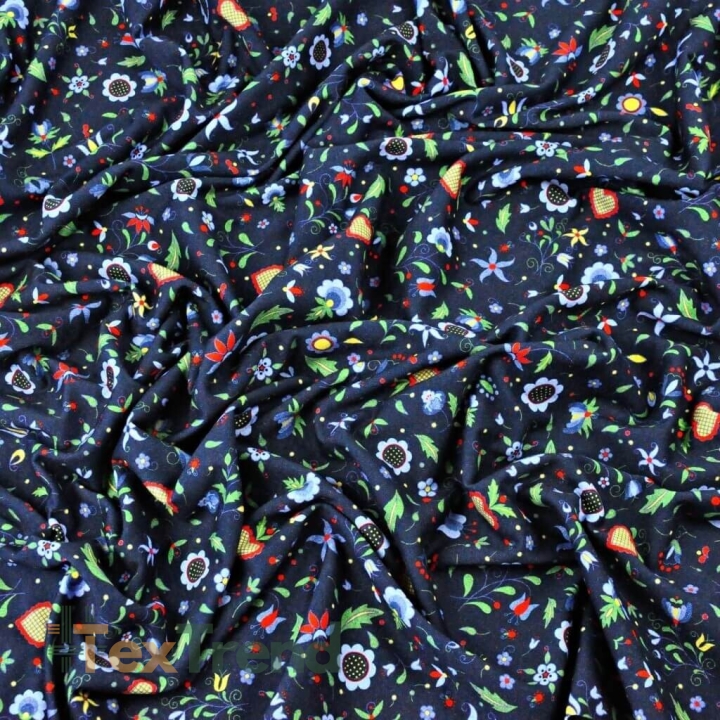 Jersey-Stoff Digitaldruck - MINI Blumen auf kaschubischem navy Hintergrund  