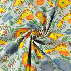 Baumwolle 100% Tiere Löwen Elefanten Giraffen auf hellgrauem Hintergrund  