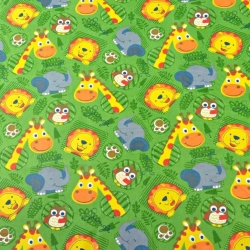 Baumwolle 100% Tiere Löwen Elefanten Giraffen auf grünem Hintergrund  