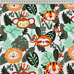 Baumwolle 100% Tiere im Dschungel auf weißem Hintergrund  