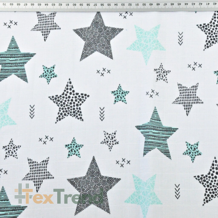 Baumwolle Musselin Sterne gemustert mint auf weißem Hintergrund  