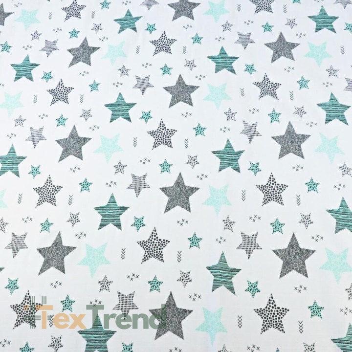 Baumwolle Musselin Sterne gemustert mint auf weißem Hintergrund  