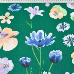 Baumwolle 100% Frühlingsblumen auf dunkelgrünem Hintergrund  