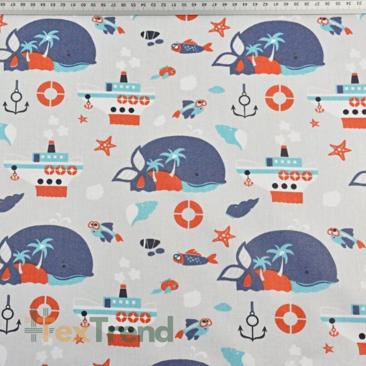 Baumwolle 100% Wale dunkelblau-rot auf grauem Hintergrund  