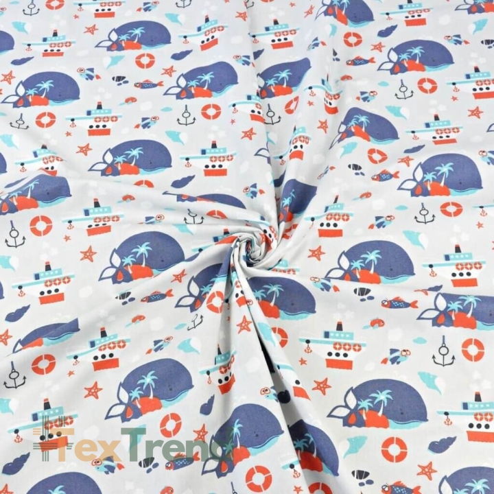 Baumwolle 100% Wale dunkelblau-rot auf grauem Hintergrund  