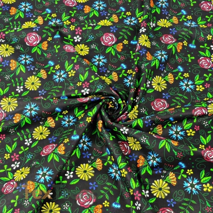 Baumwolle 100% Kaschubische Wiese auf schwarzem Hintergrund  