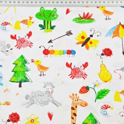 Baumwolle 100% Tiere gezeichnet bunt auf weißem Hintergrund  