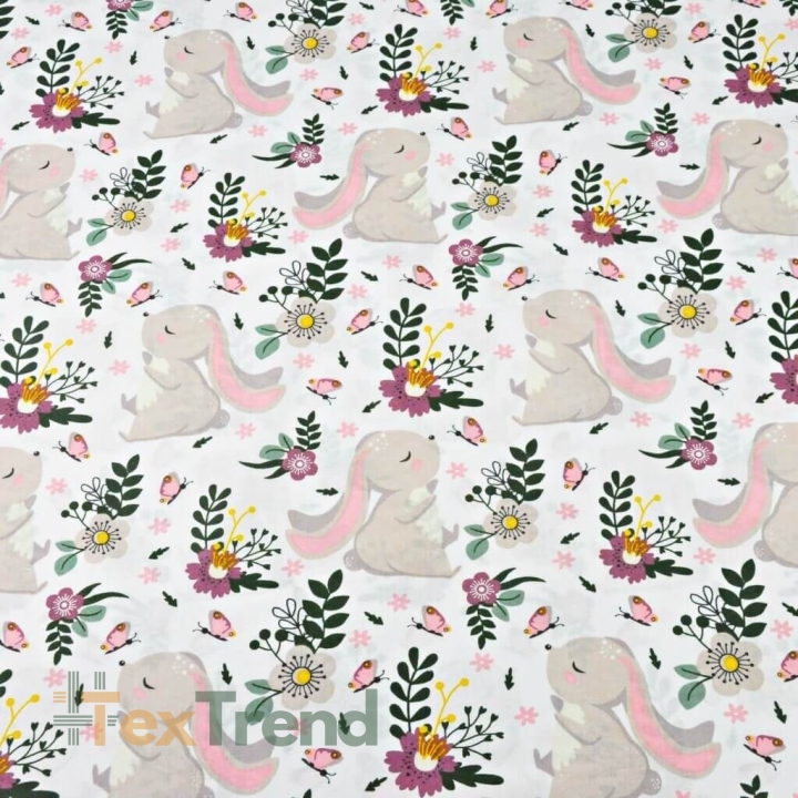 Baumwolle 100% Kaninchen auf grün-lila Wiese auf weißem Hintergrund  