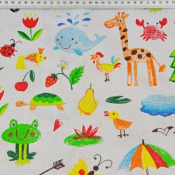 Baumwolle 100% Tiere gezeichnet bunt auf grauem Hintergrund  