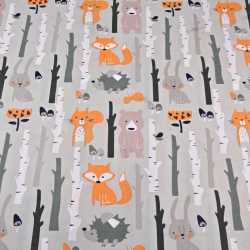 Baumwolle 100% Tiere im Wald auf grauem Hintergrund  