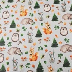 Baumwolle 100% Waldtiere orange-grün auf hellgrauem Hintergrund  