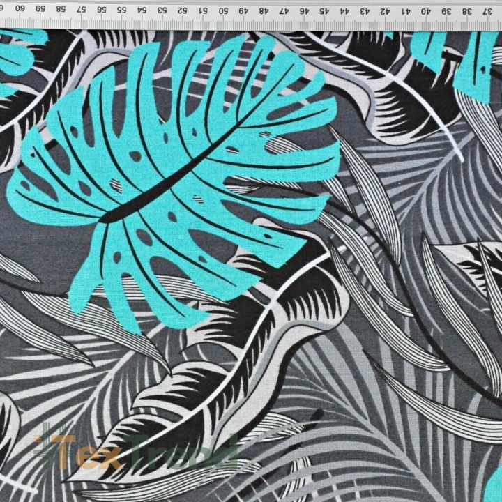 Baumwolle 100% Monstera-Blätter türkis-grau auf schwarzem Hintergrund  