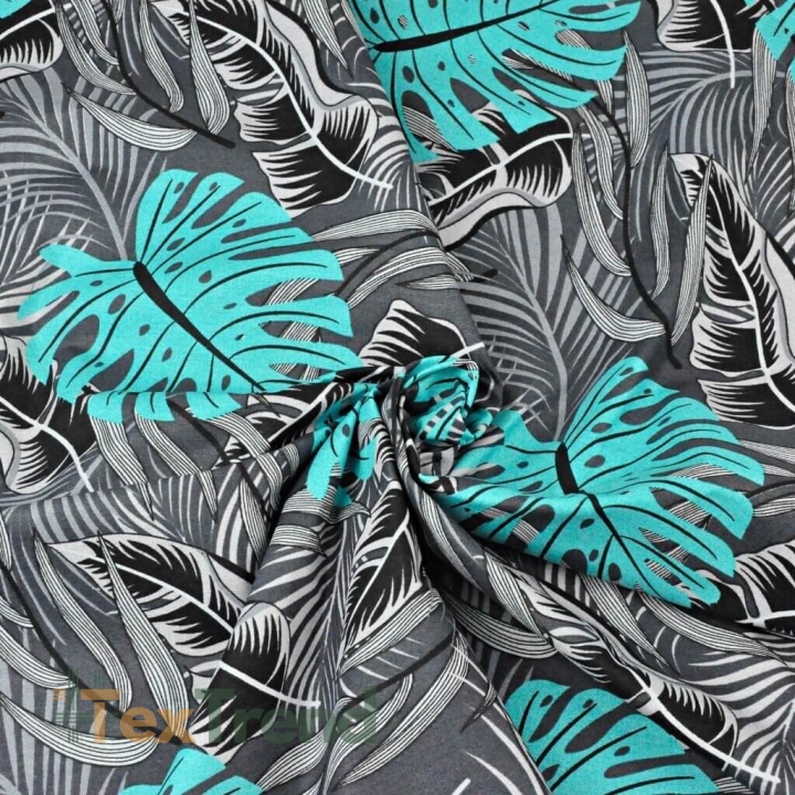 Baumwolle 100% Monstera-Blätter türkis-grau auf schwarzem Hintergrund  