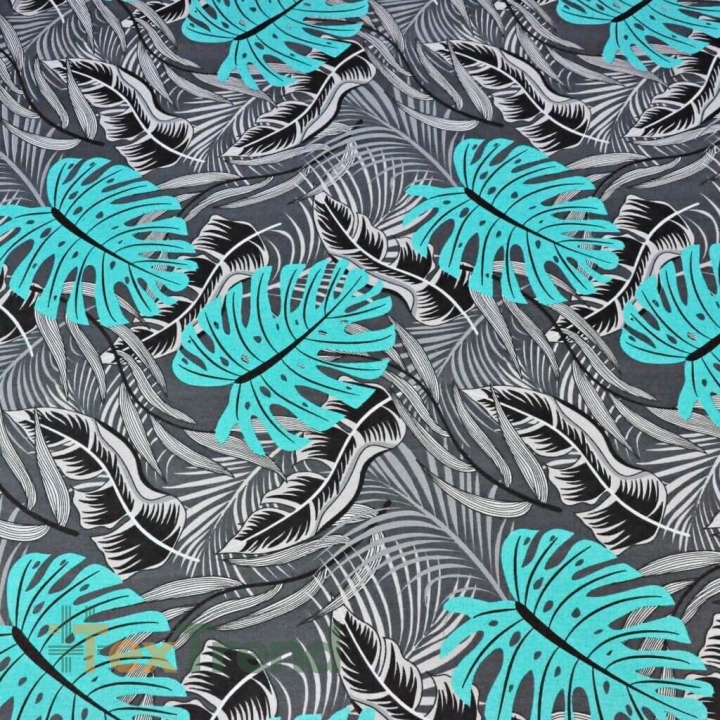 Baumwolle 100% Monstera-Blätter türkis-grau auf schwarzem Hintergrund  
