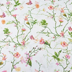 Baumwolle 100% Kletterblumen mit Schmetterlingen auf weißem Hintergrund  