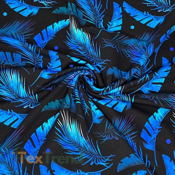 Jersey Druck digital - blaue Blätter auf schwarzem Hintergrund  