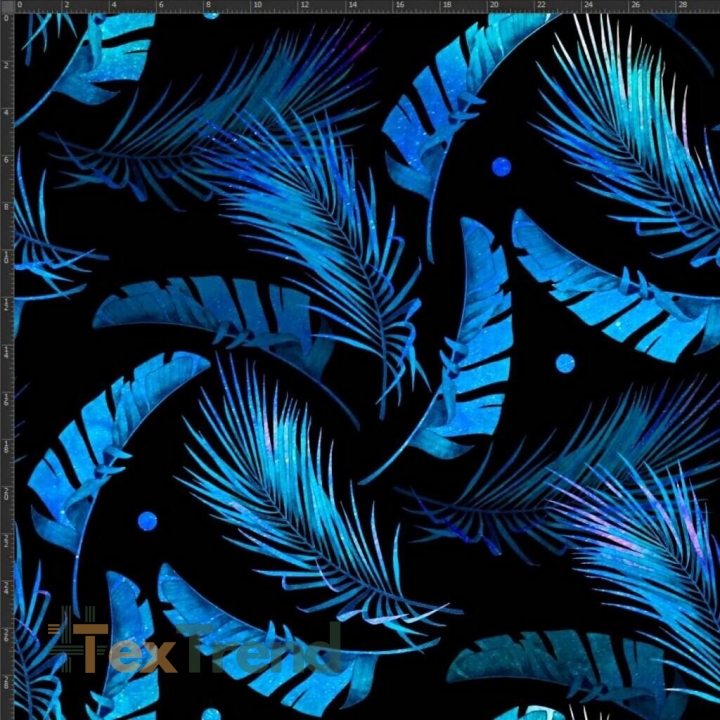 Jersey Druck digital - blaue Blätter auf schwarzem Hintergrund  