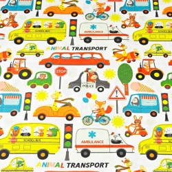 Baumwolle 100% bunte Tiere Tiertransport auf weißem Hintergrund  