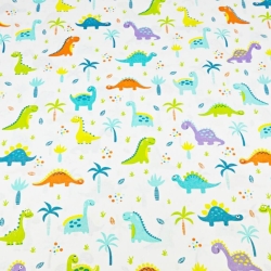 Baumwolle 100% Dinosaurier orange-lila mit Palmen auf weißem Hintergrund  
